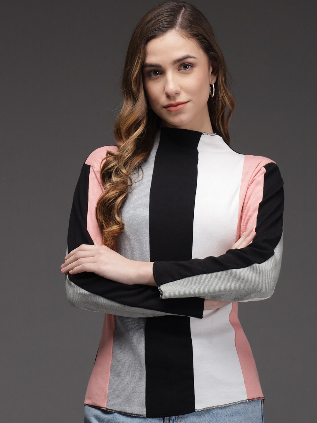 

Darzi Women Multicoloured Striped High Neck Top, Multi
