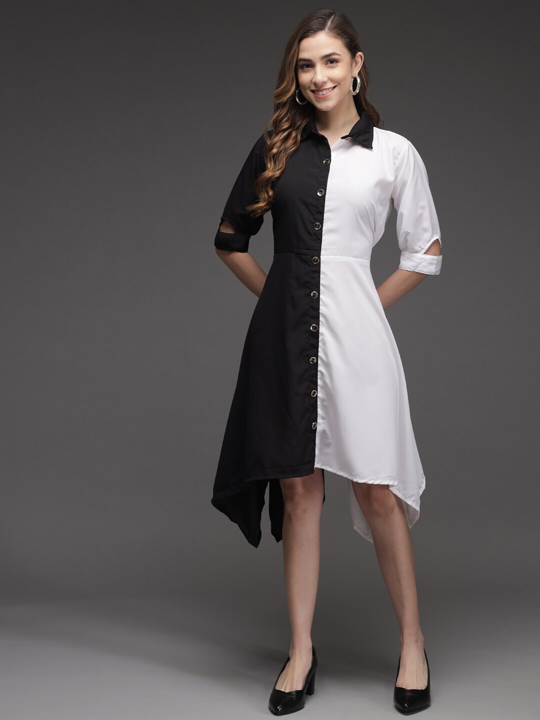 

Darzi White & Black Colourblocked Crepe Shirt Dress