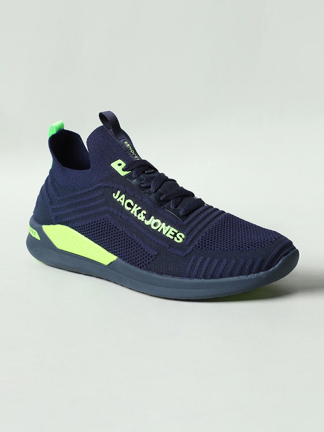 

Jack & Jones Men Navy Blue & Fluorescent Green Textured Sneakers