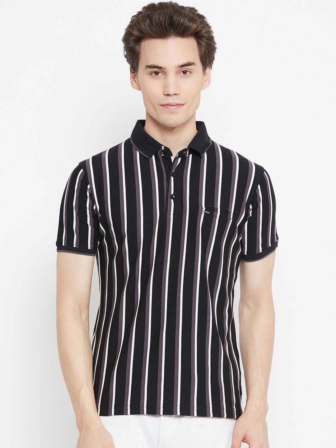 

Okane Men Black Vertical Striped Polo Collar Cotton T-shirt
