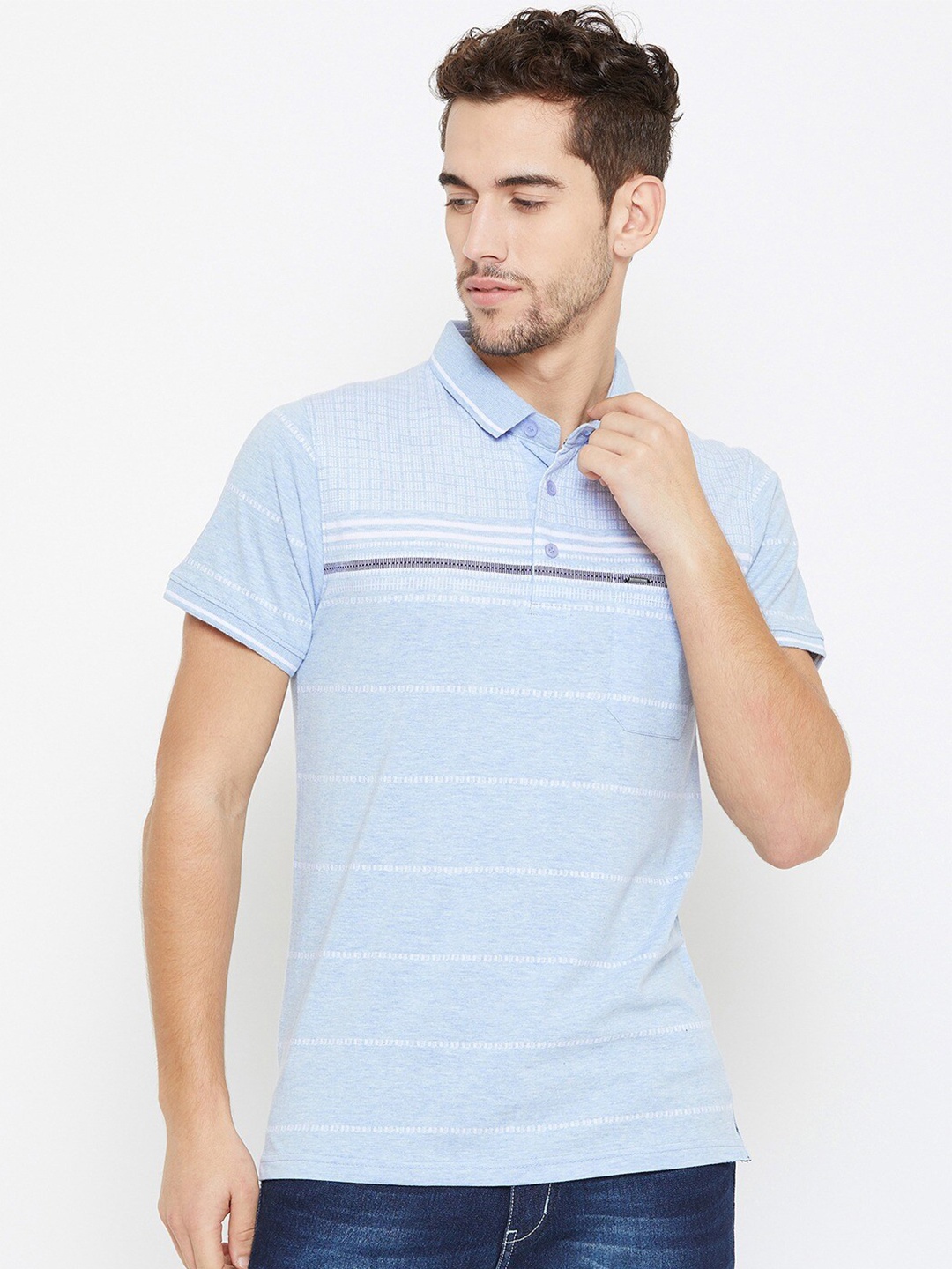 

Okane Men Blue Striped Polo Collar Cotton T-shirt