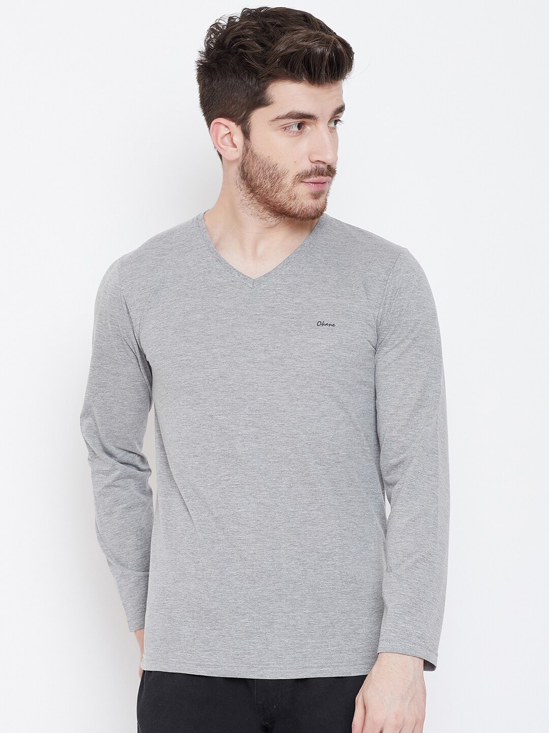 

Okane Men Grey V-Neck Cotton T-shirt