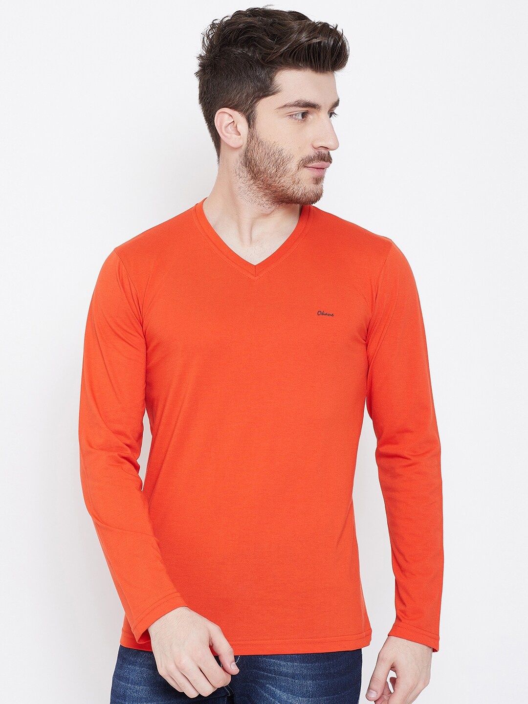 

Okane Men Orange V-Neck T-shirt