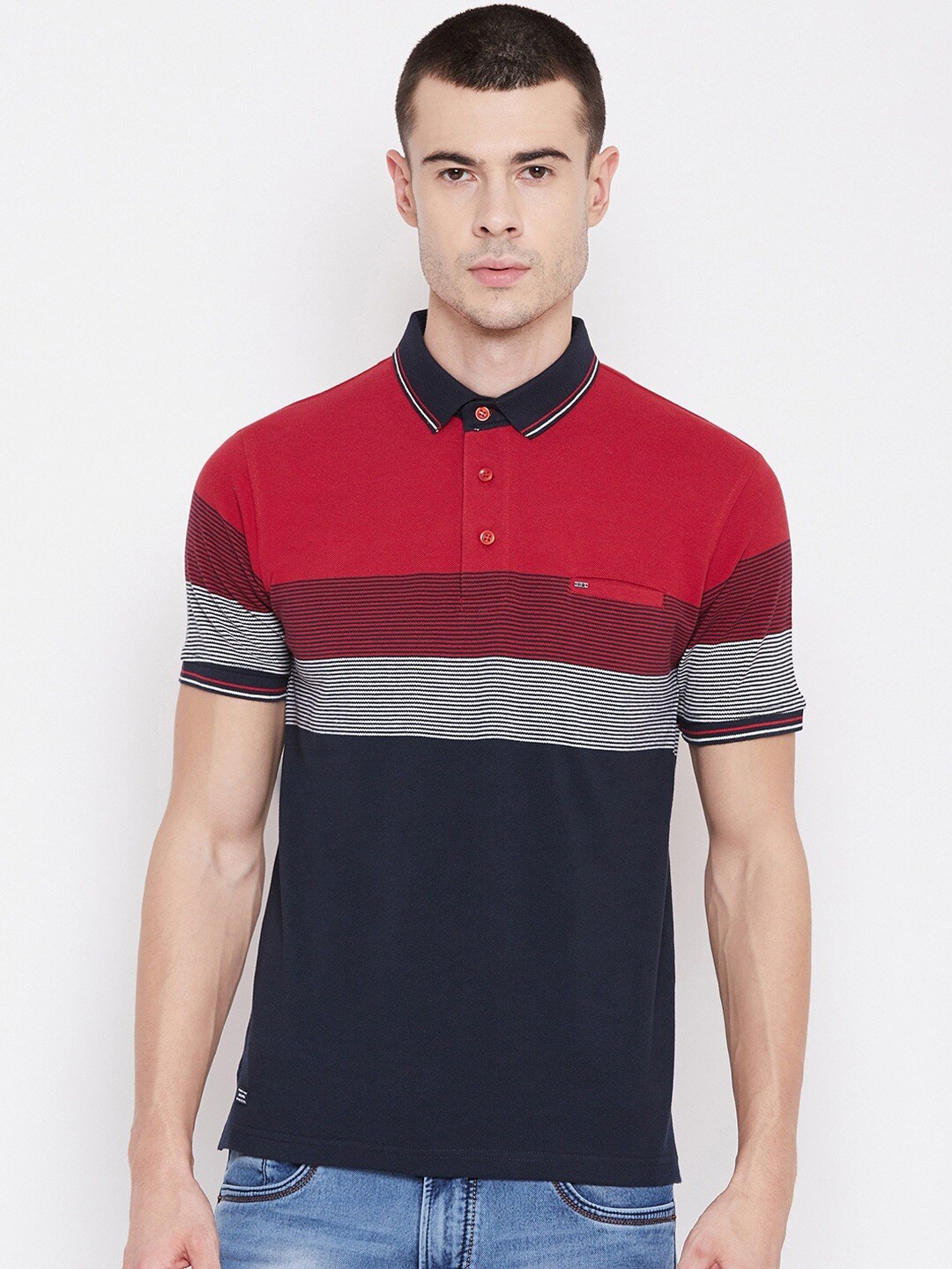 

Okane Men Red & Navy Blue Striped Polo Collar T-shirt