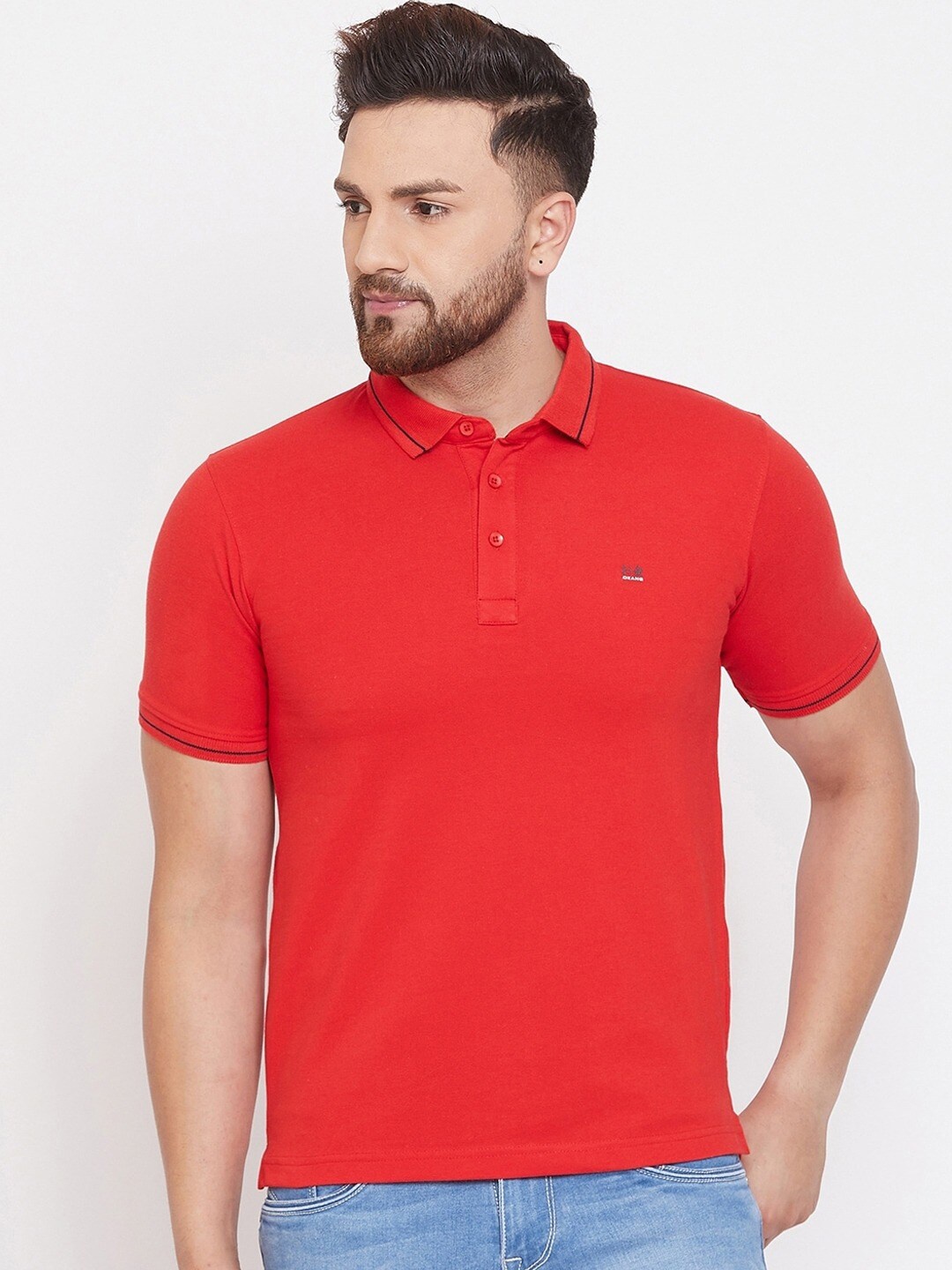 

Okane Men Red Polo Collar Cotton T-shirt