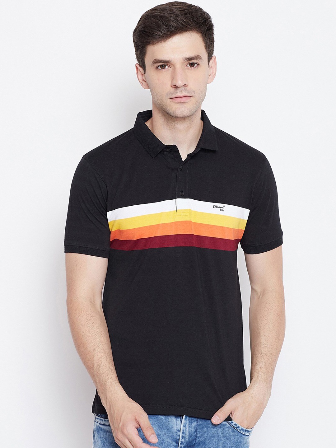 

Okane Men Black Striped Polo Collar Cotton T-shirt