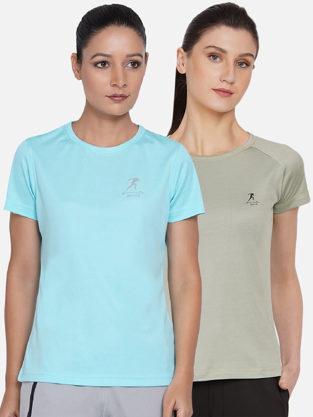 

ARMISTO Women Blue & Olive Green Set Of 2 Dri-FIT Slim Fit Training or Gym T-shirt