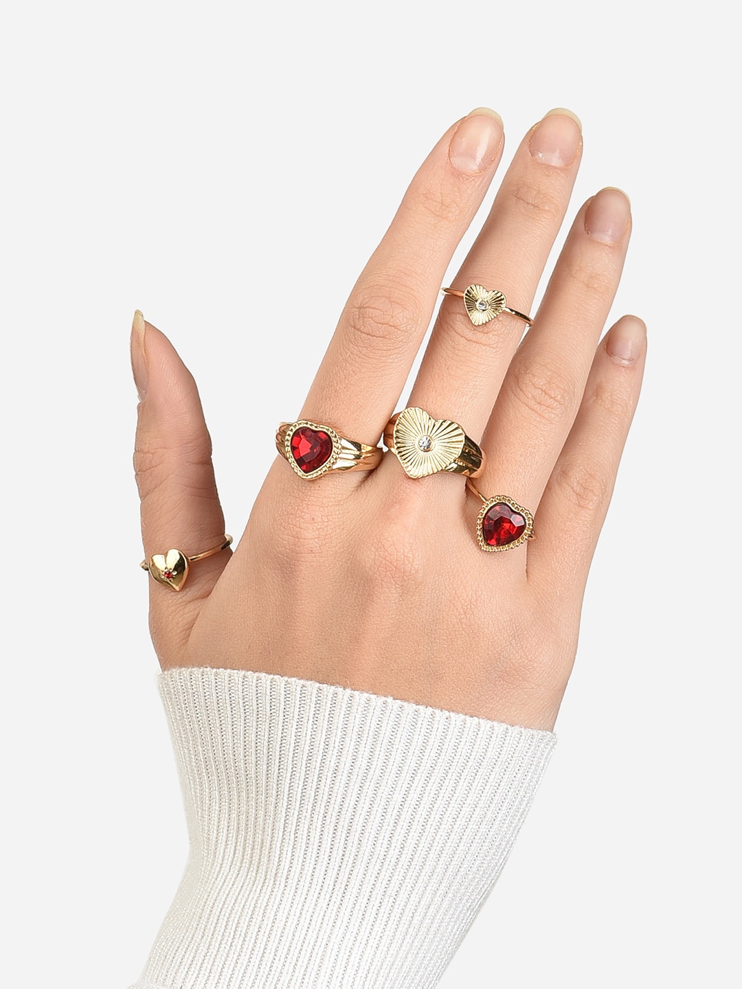 

Lilly & sparkle Set Of 5 Gold-Plated Stone Studded Heart Shaped Finger Rings