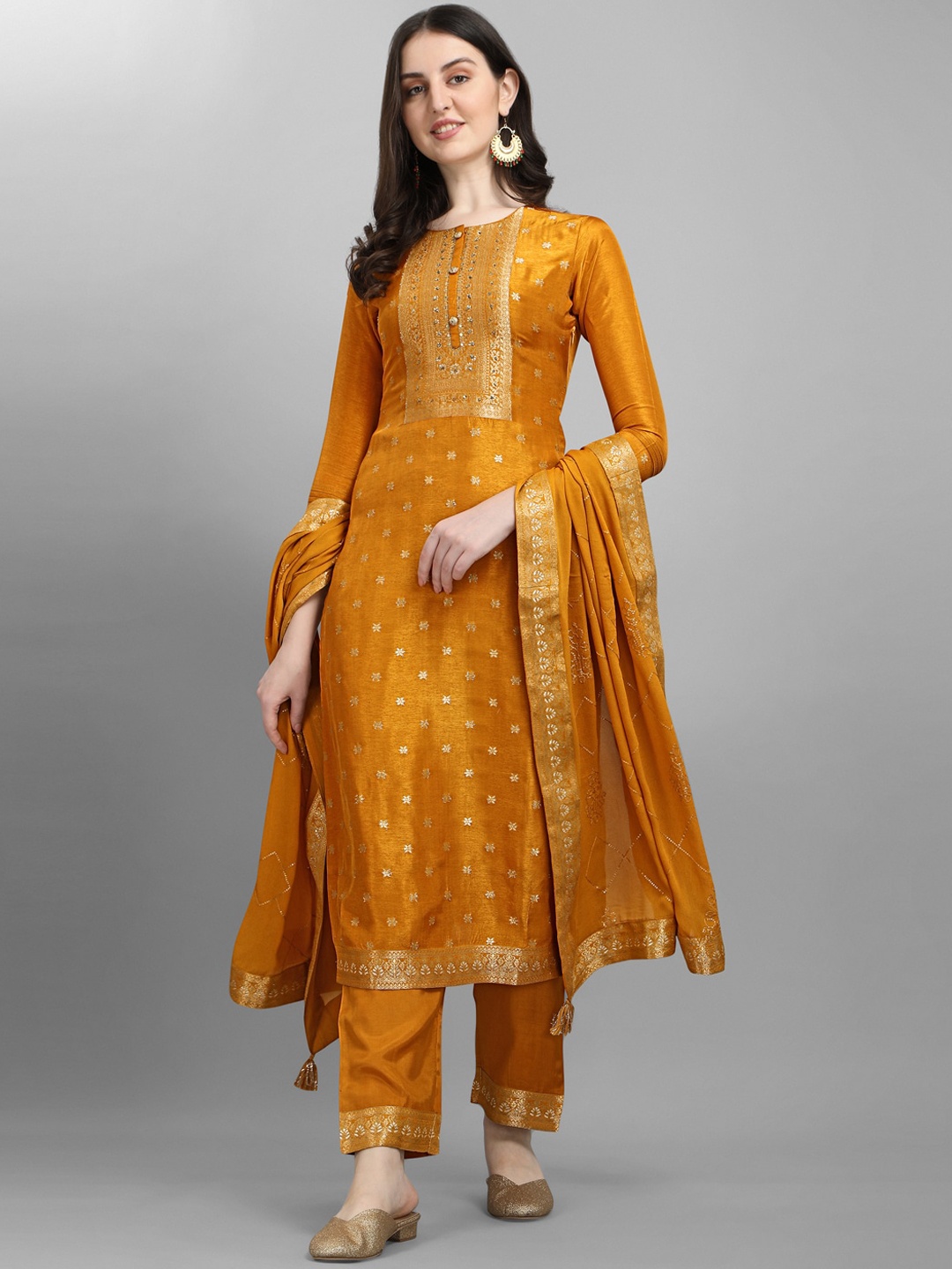 

Seerat Jacquard Ethnic Motifs Embroidered Pure Silk Kurta with Trousers & Dupatta, Mustard