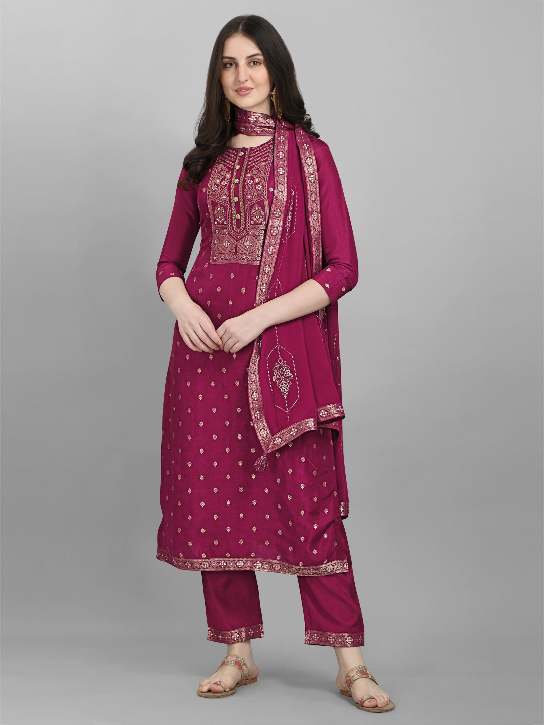 

Seerat Women Maroon Ethnic Motifs Printed Pure Silk Kurta with Trousers