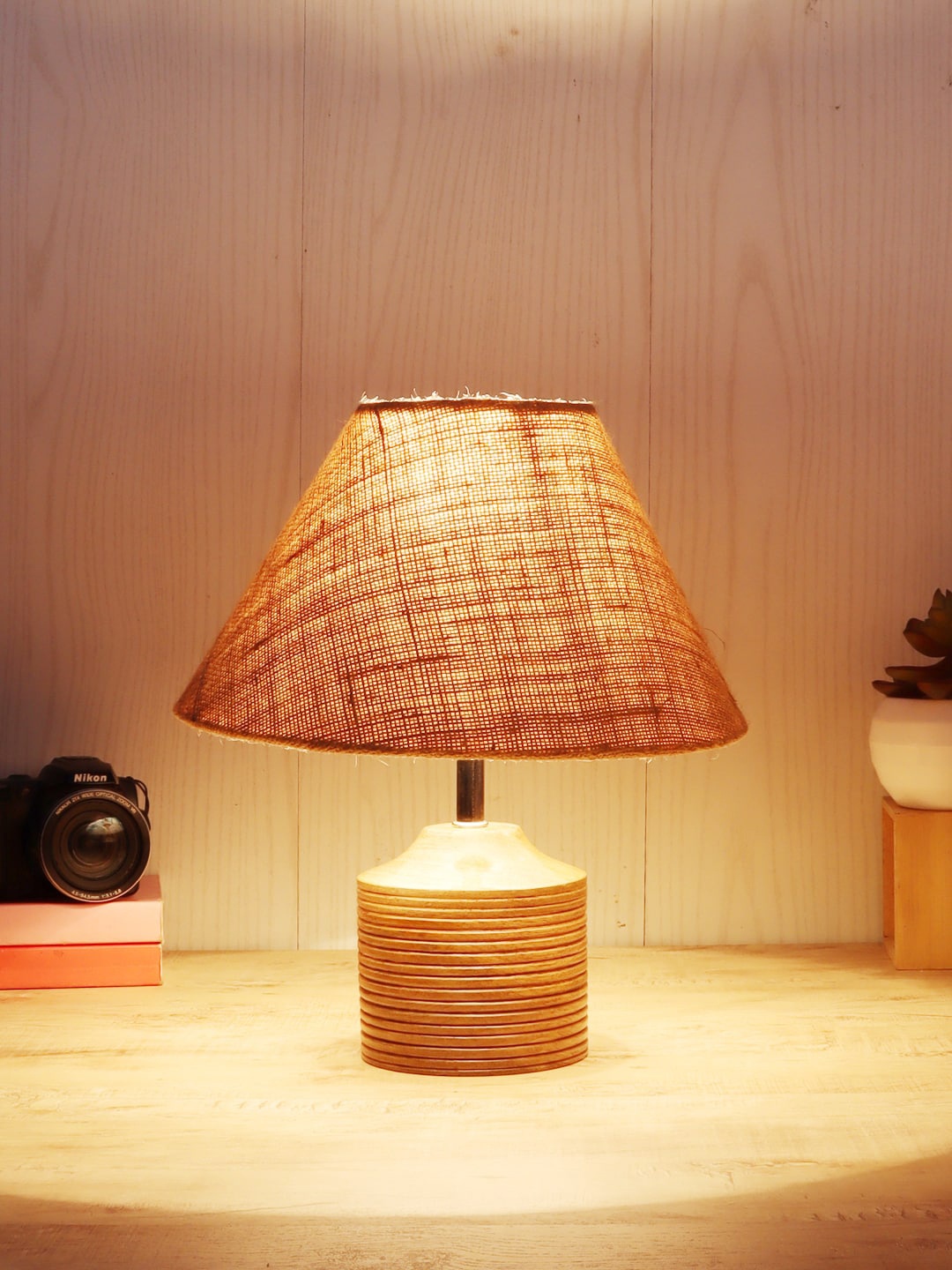 

Devansh Beige & Tan Brown Solid Frustum Wood Table Lamp with Jute Shade