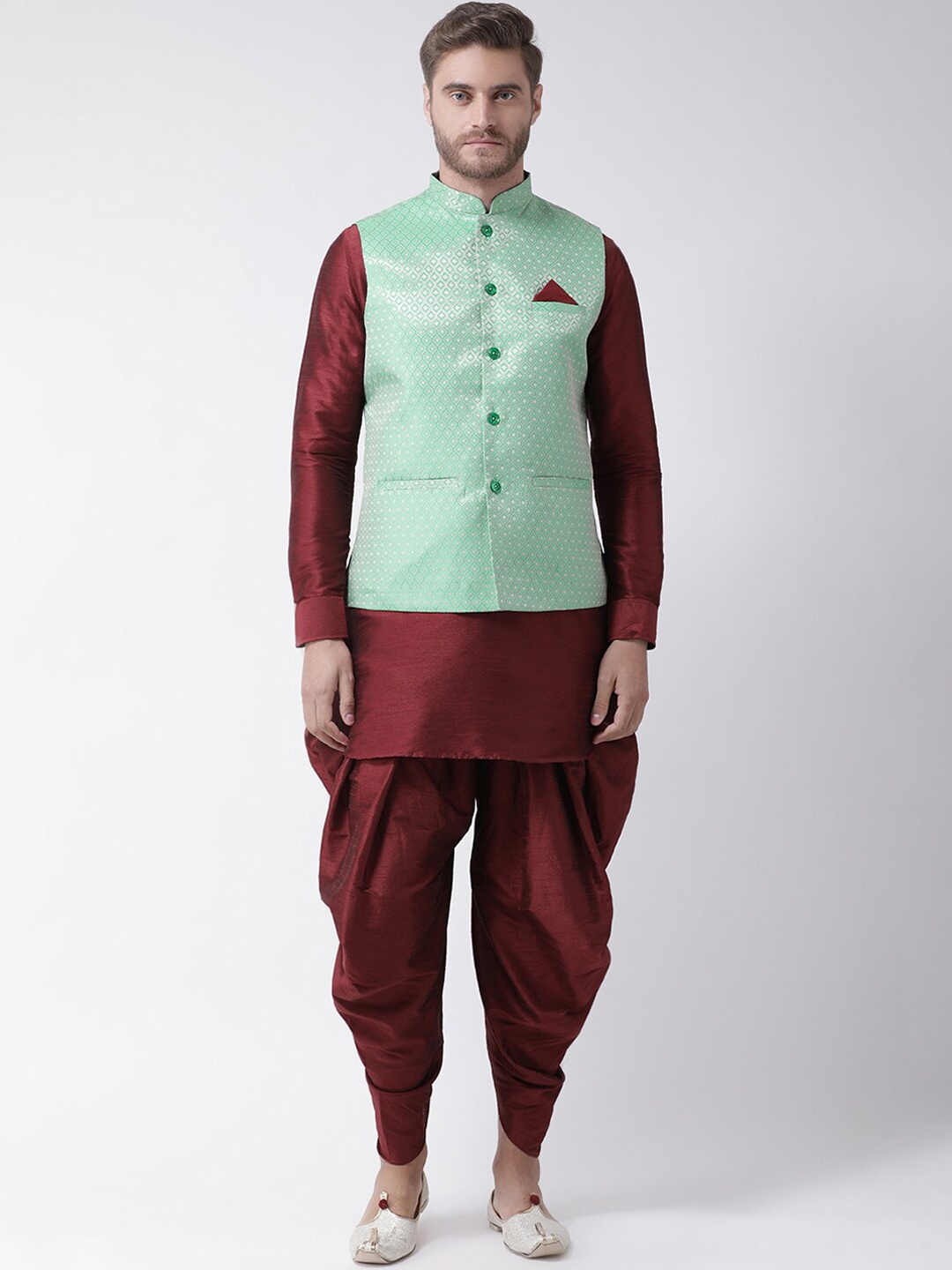 DEYANN Men Green Layered Dupion Silk Kurta with Patiala