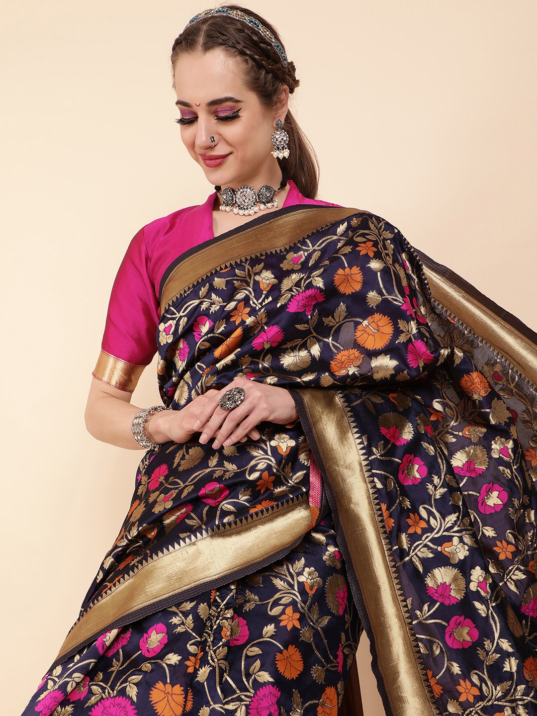 

Sangria Navy Blue & Pink Woven Design Zari Silk Blend Saree