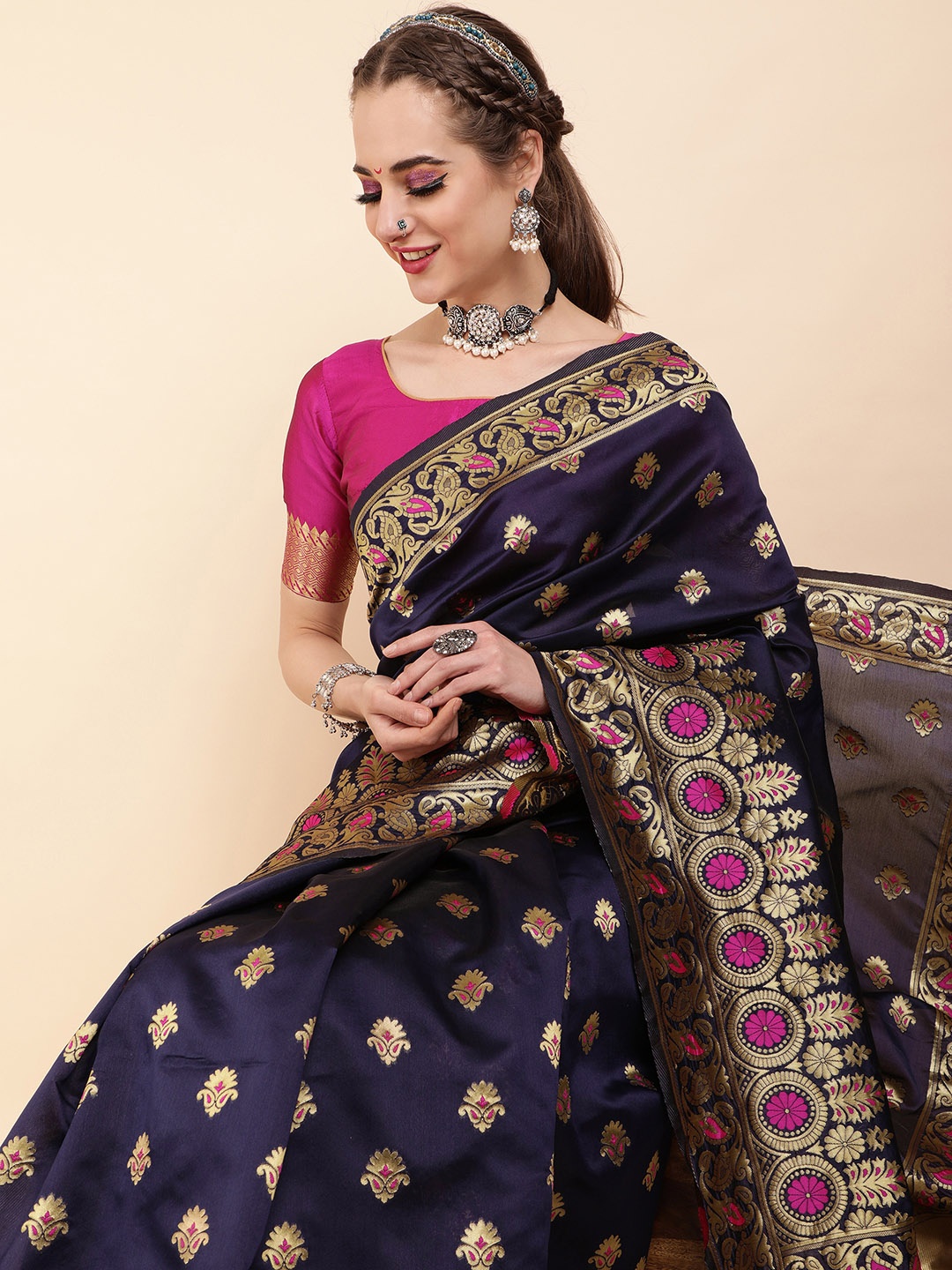 

Sangria Navy Blue & Pink Woven Design Zari Silk Blend Saree