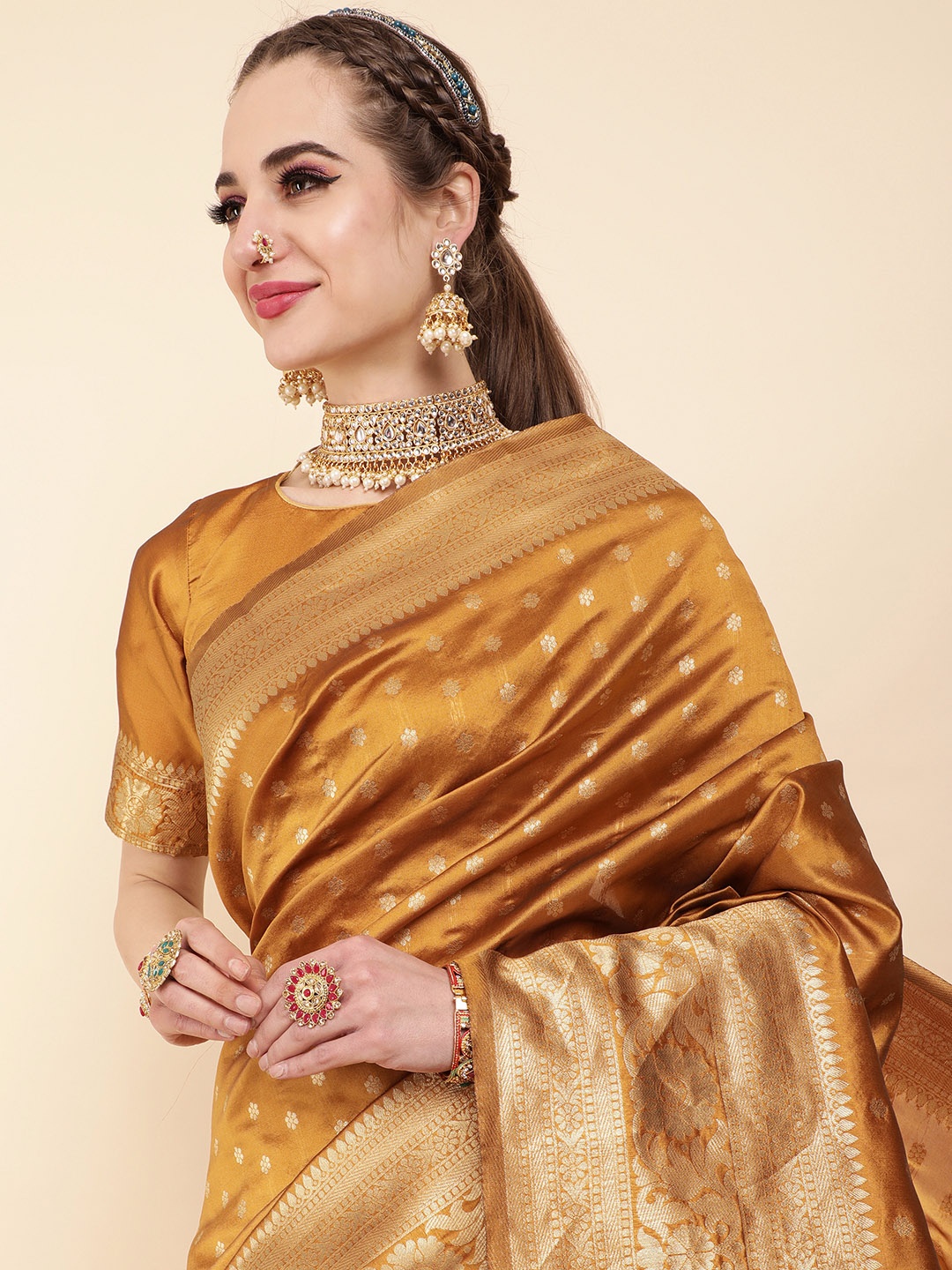

Sangria Mustard & Gold-Toned Woven Design Zari Silk Blend Banarasi Saree