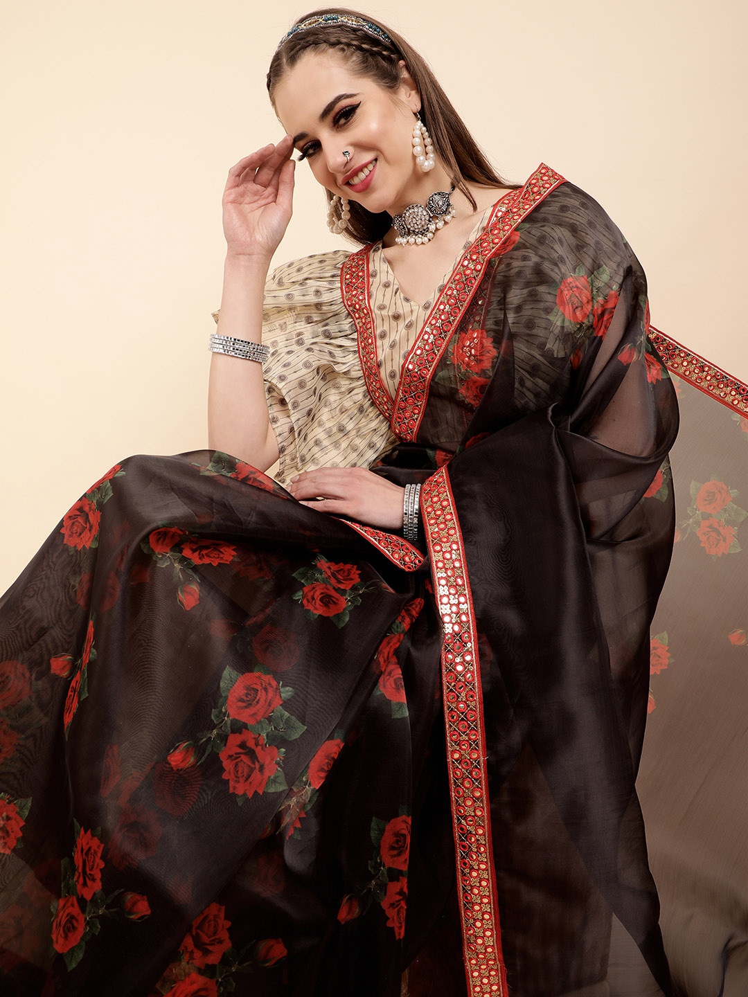 Sangria Black & Red Floral Mirror Work Organza Saree