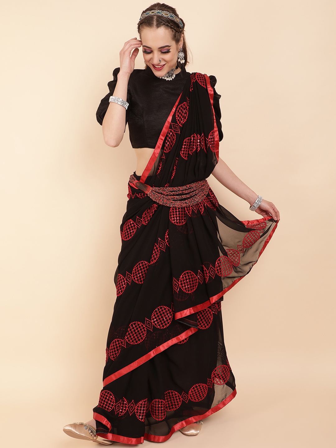 

Sangria Black & Red Embellished Sequinned Pure Georgette Saree