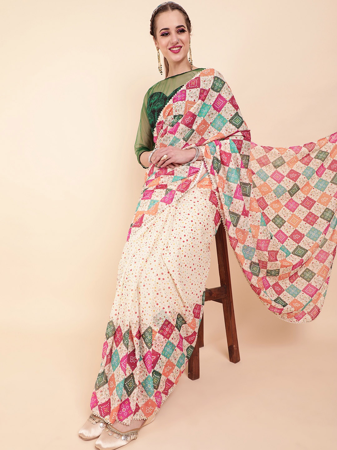 

Sangria Cream-Coloured & Pink Pure Georgette Saree