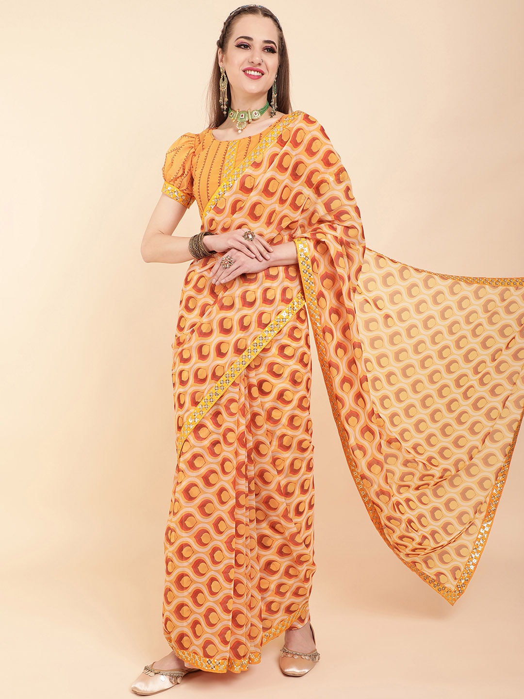 

Sangria Mustard Yellow & Brown Pure Georgette Saree