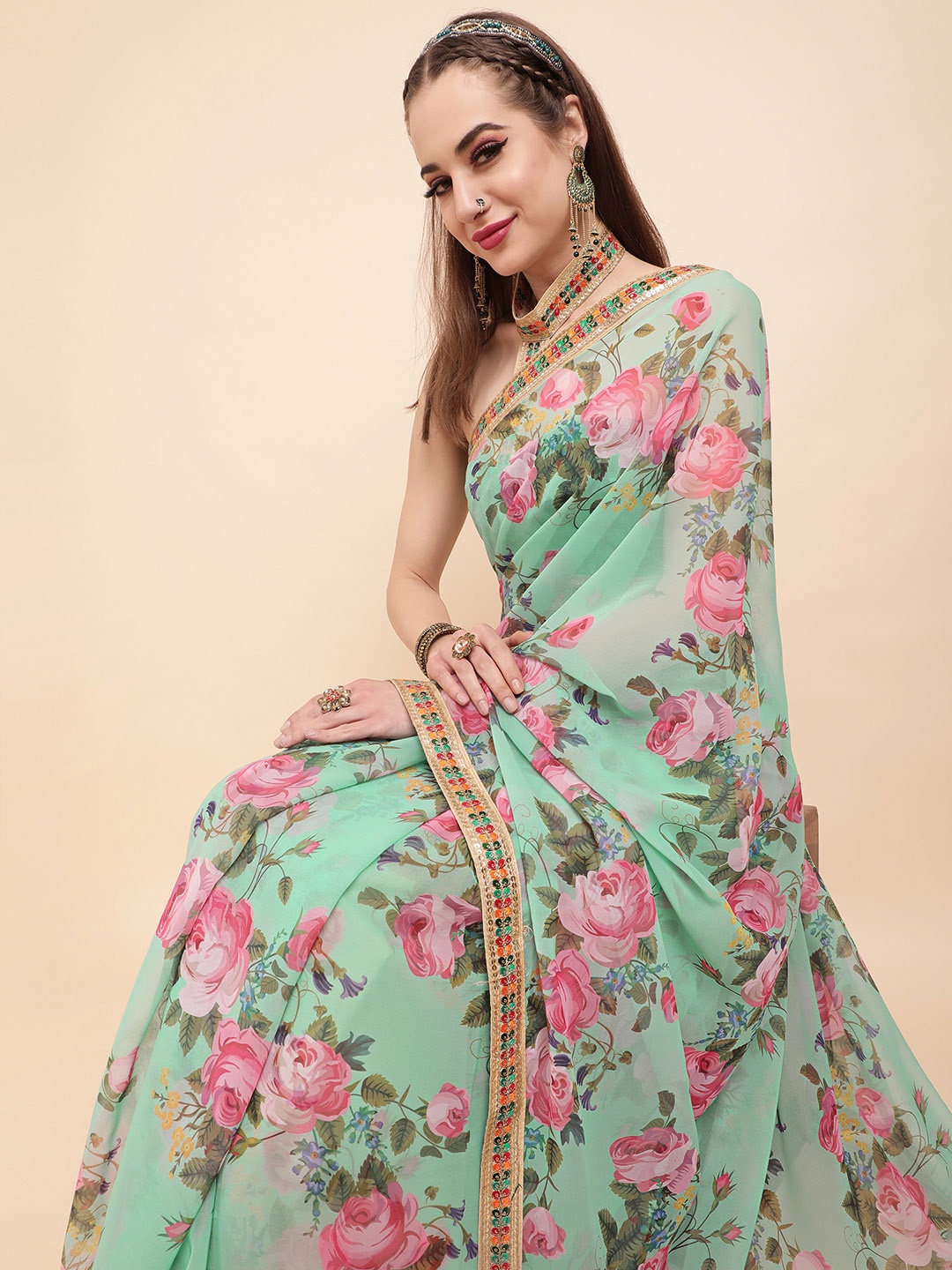 Sangria Turquoise Blue & Pink Floral Sequinned Pure Georgette Saree