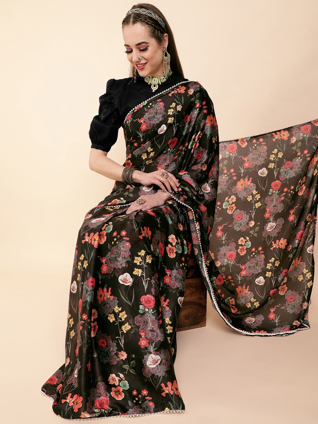 

Sangria Black & Red Floral Sequinned Satin Saree
