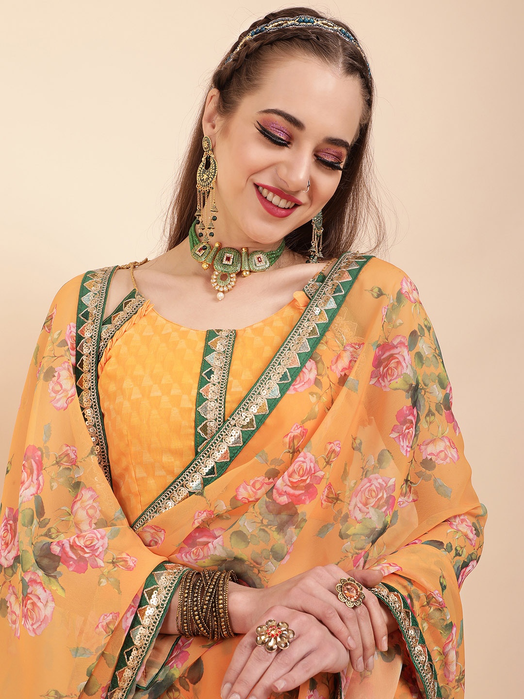 

Sangria Mustard Yellow & Pink Floral Sequinned Pure Georgette Saree