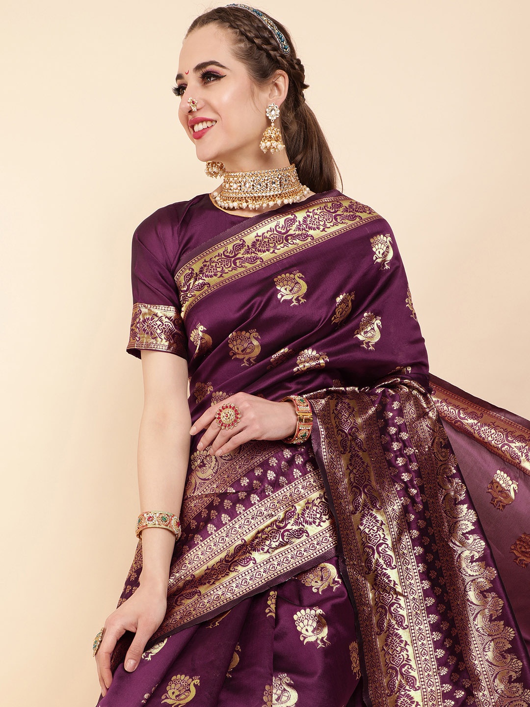 

Sangria Burgundy & Gold-Toned Woven Design Zari Silk Blend Saree