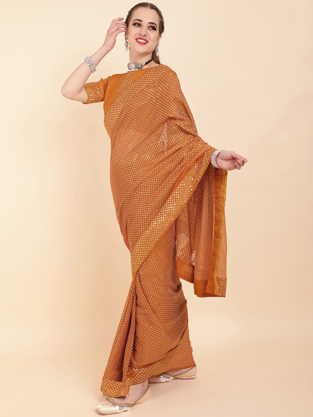 

Sangria Mustard Brown & Silver-Toned Embellished Sequinned Pure Georgette Saree