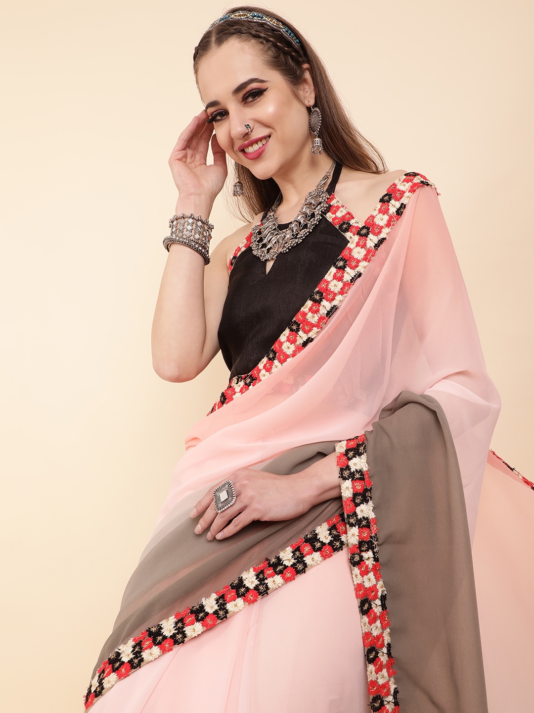 

Sangria Pink & Grey Ombre Embroidered Pure Georgette Saree