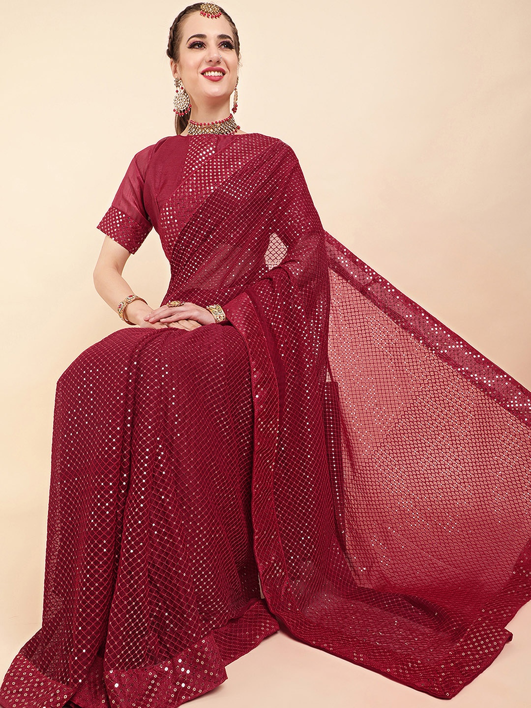 

Sangria Maroon Embellished Sequinned Pure Georgette Saree