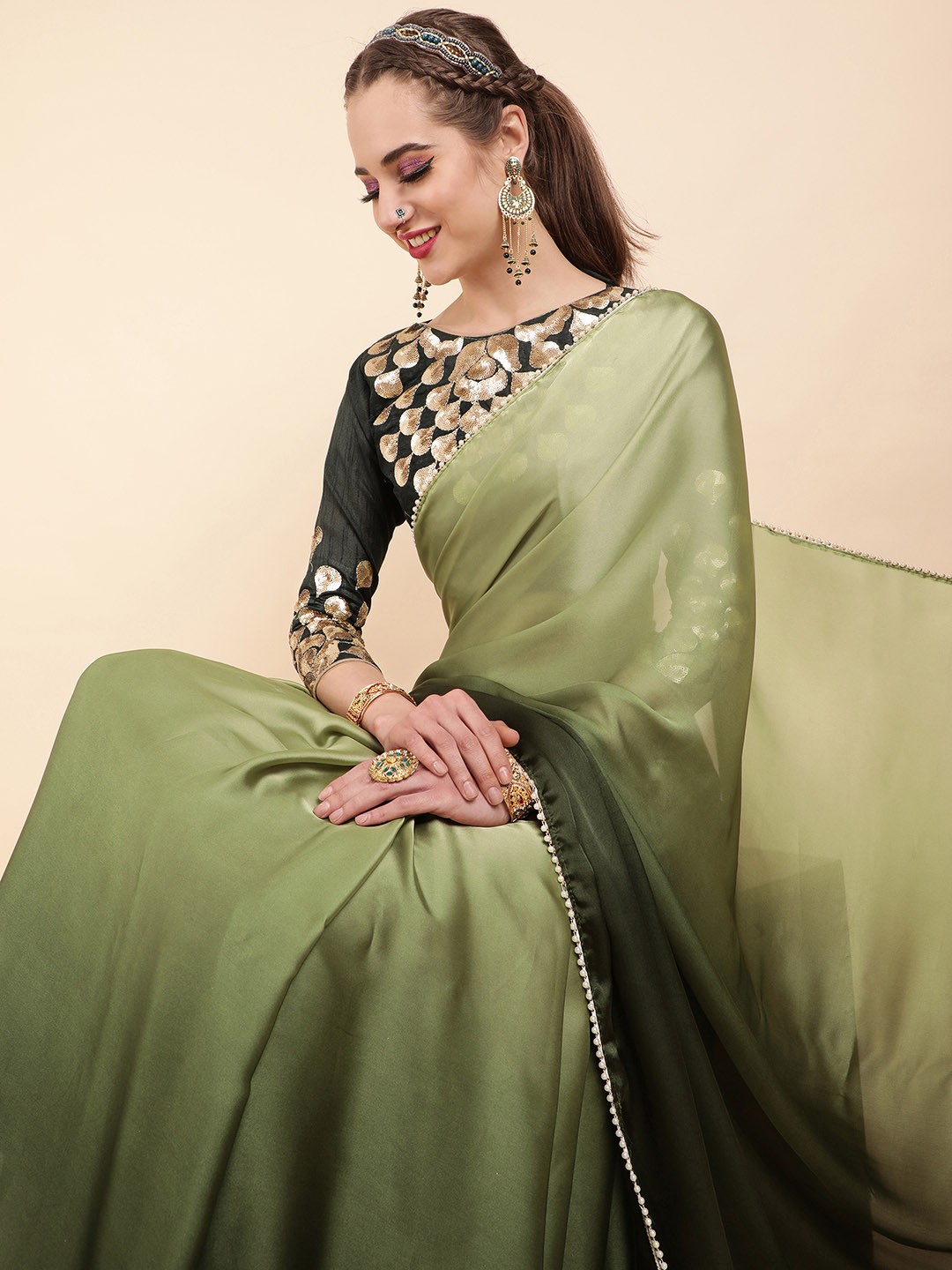

Sangria Green Ombre Beads & Stones Satin Saree
