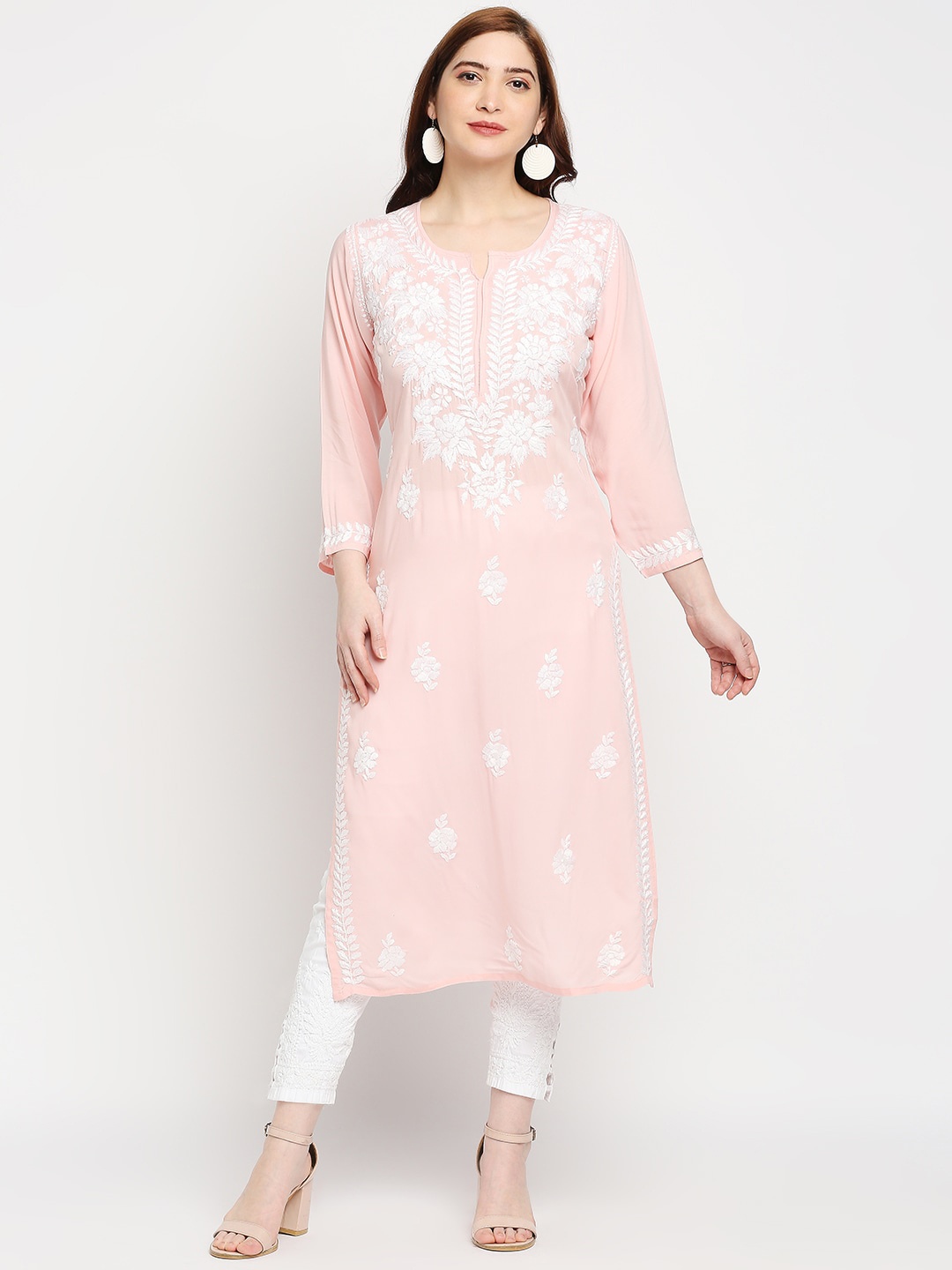 

Indiankala4u Women Pink Floral Embroidered Flared Sleeves Chikankari Kurta