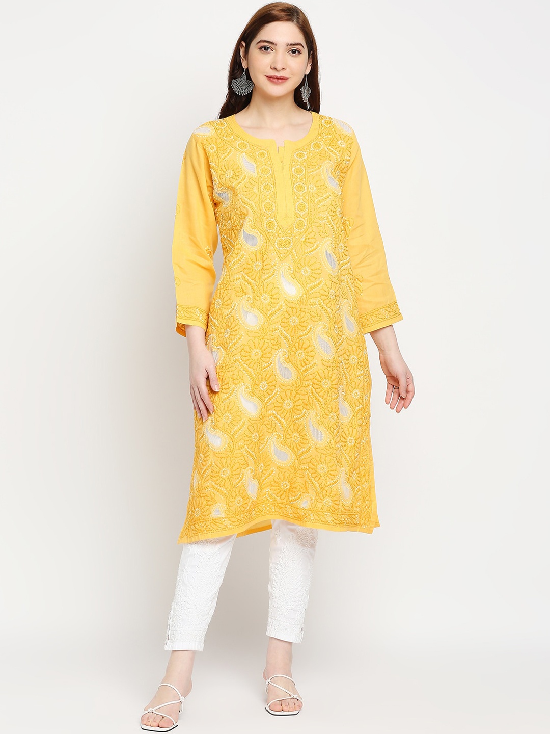 

Indiankala4u Women Yellow Lucknow Chikankari Hand Embroidered Kurta