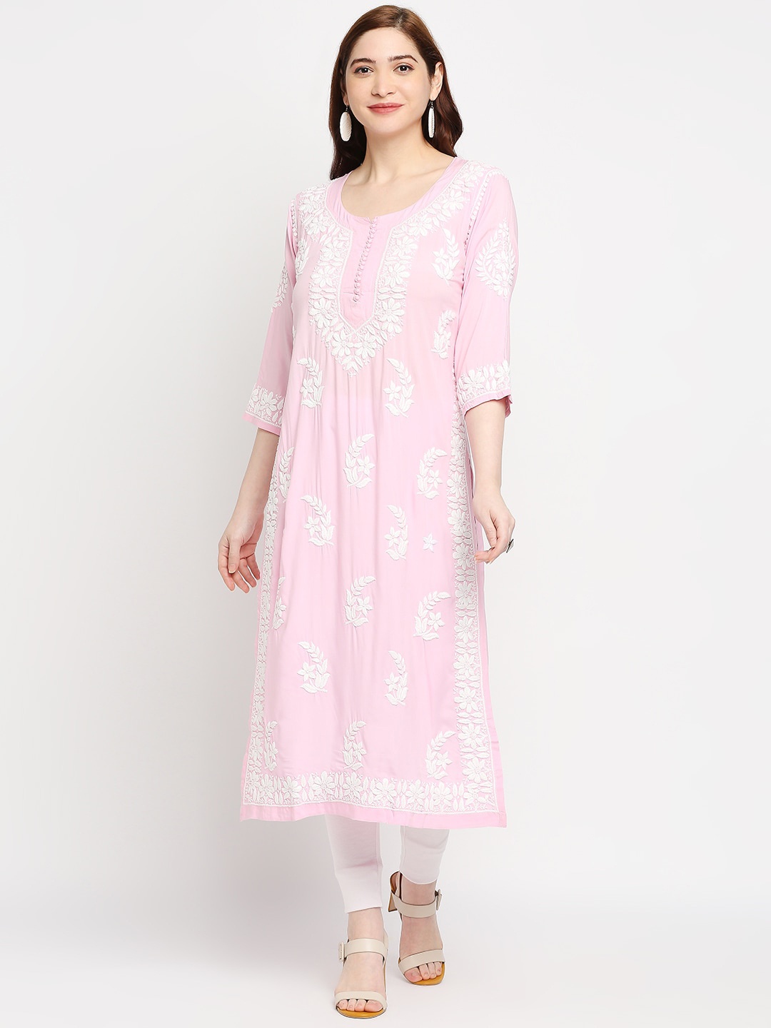 

Indiankala4u Women Pink & White Ethnic Motifs Embroidered Chikankari Kurta