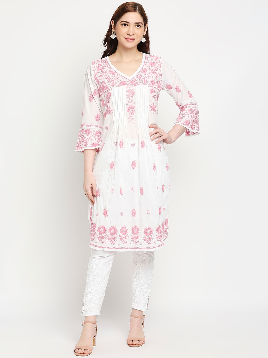 

Indiankala4u Women Pink Floral Embroidered Flared Sleeves Chikankari Kurta