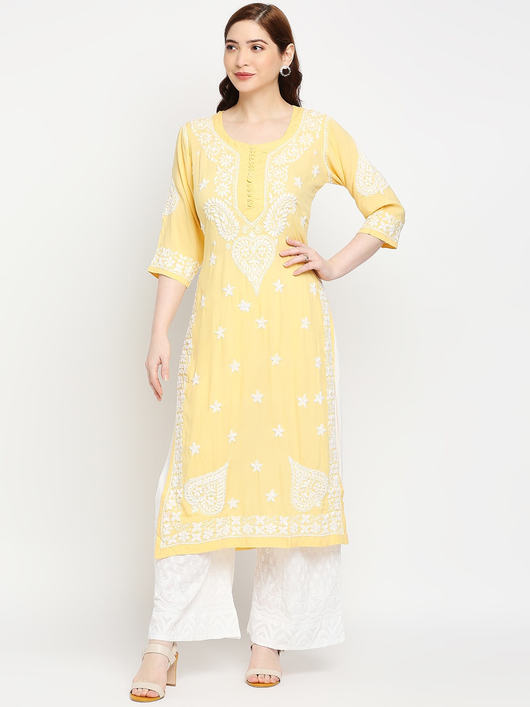 

Indiankala4u Women Yellow Ethnic Motifs Embroidered Chikankari Kurta