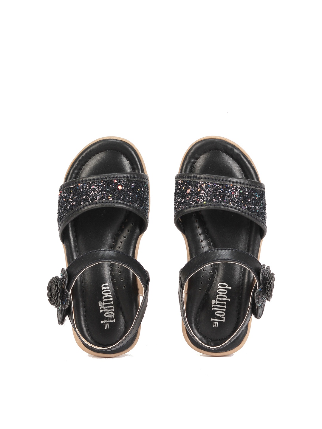 

Lil Lollipop Girls Black Printed Open Toe Flats with Floral Applique Detail