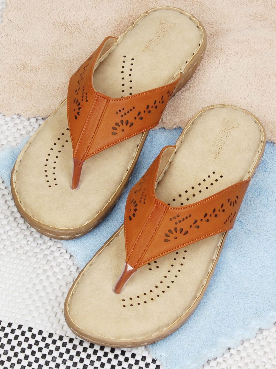 

Denill Women Tan T-Strap Flats with Laser Cuts