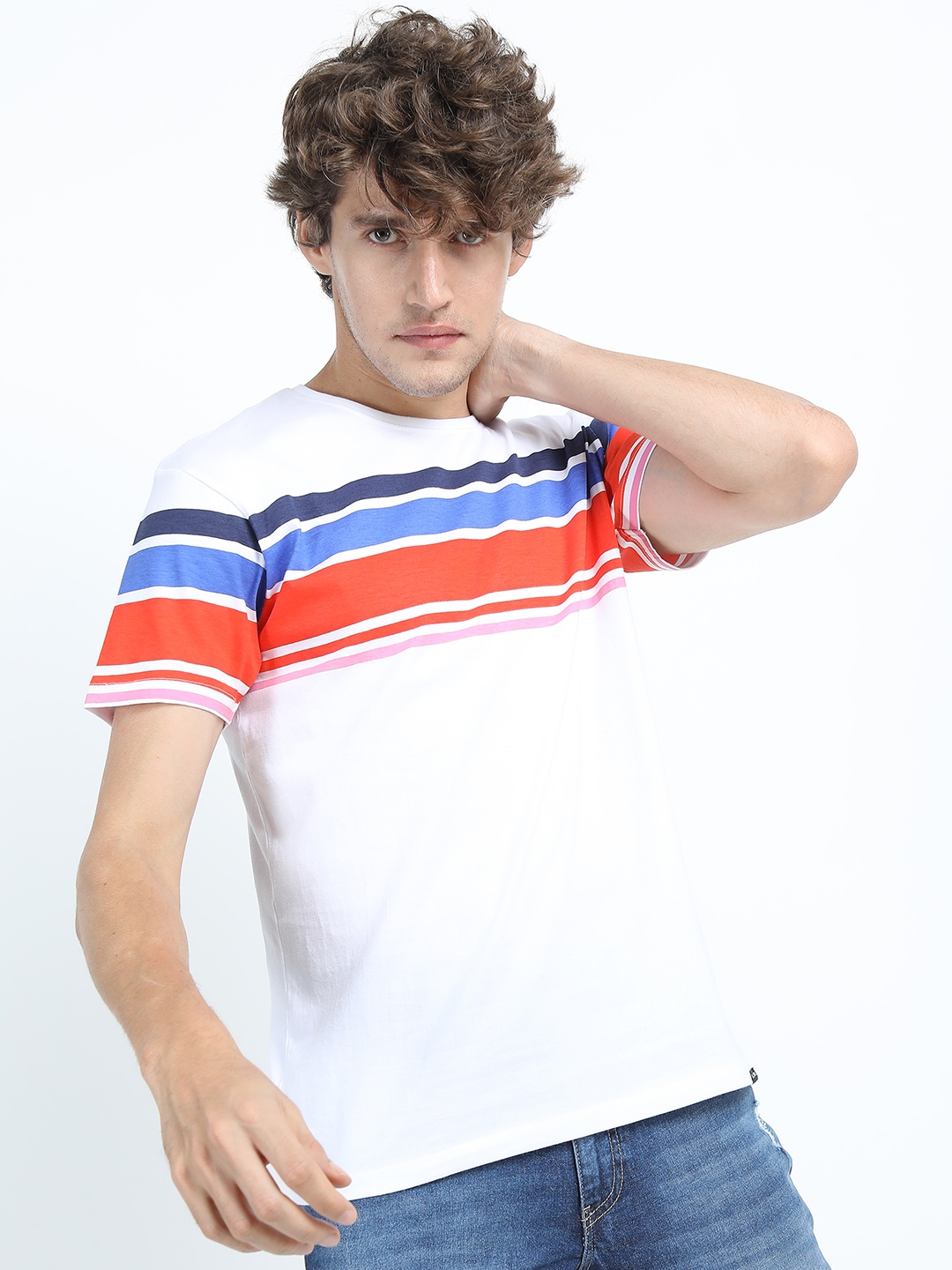 

HIGHLANDER Men White & Blue Striped Slim Fit Cotton T-shirt