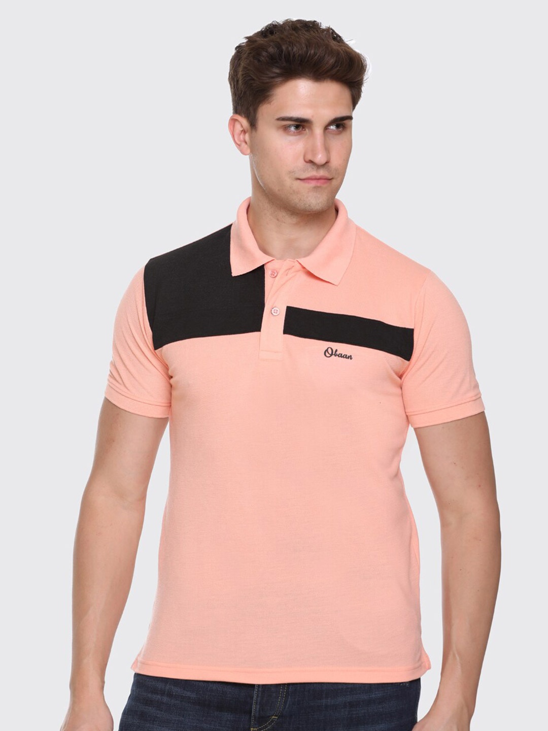 

Obaan Men Peach-Coloured Polo Collar Outdoor T-shirt