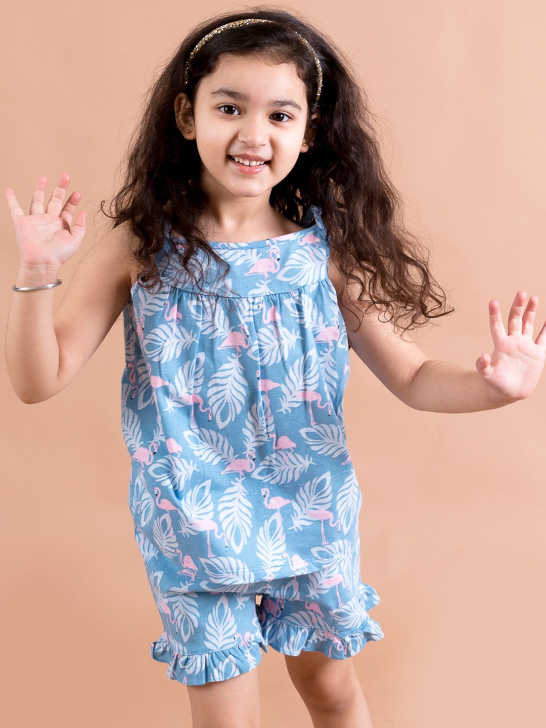 

pspeaches Girls Blue & White Printed Night suit