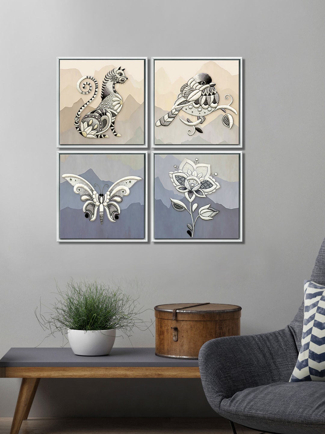 

999Store Set of 4 Butterfly flower Wall Art, Grey