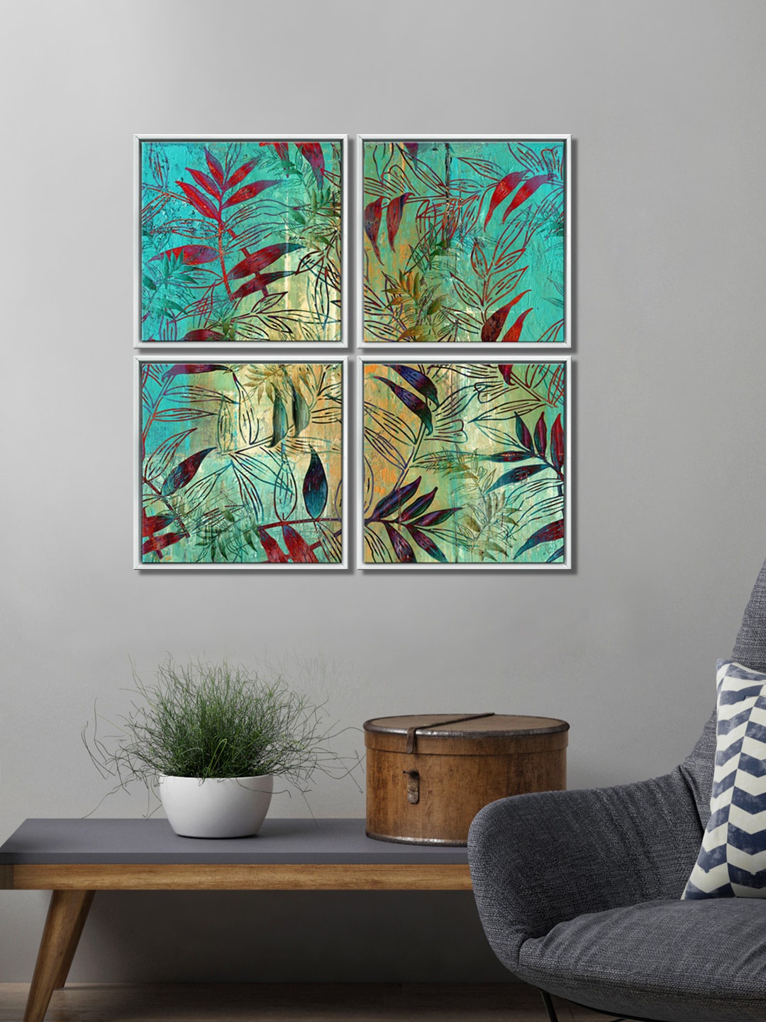 999Store Set of 4 Green Leaves Canvas Painting Wall Art, Multi