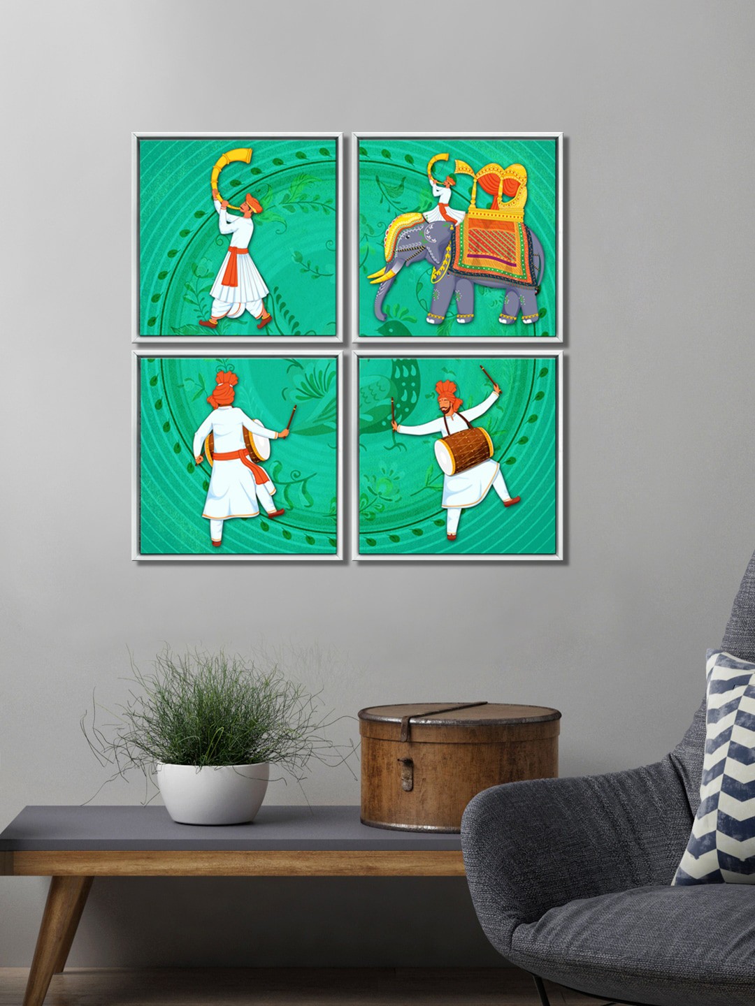 

999Store Set of 4 Green Sardar Playing Bangra Painting Wall Arts