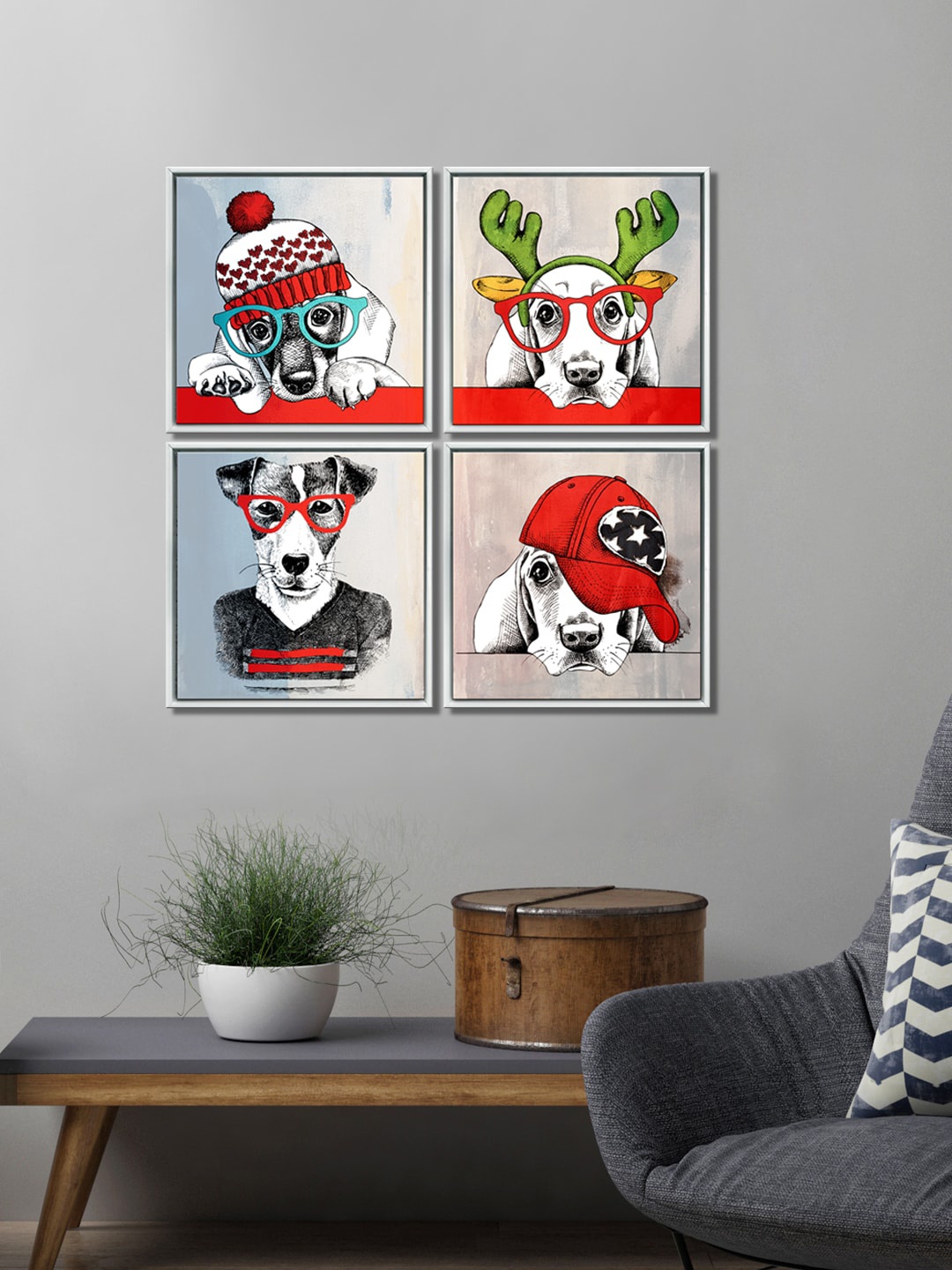 

999Store Set Of 4 Dogs Canvas Painting Wall Art, White