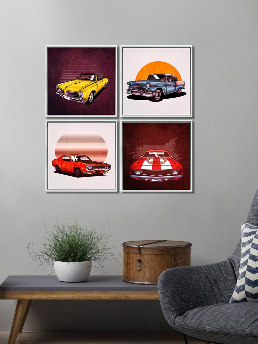 

999Store Set Of 4 Yellow & Red Vintage Cars Printed Canvas Wall Painting