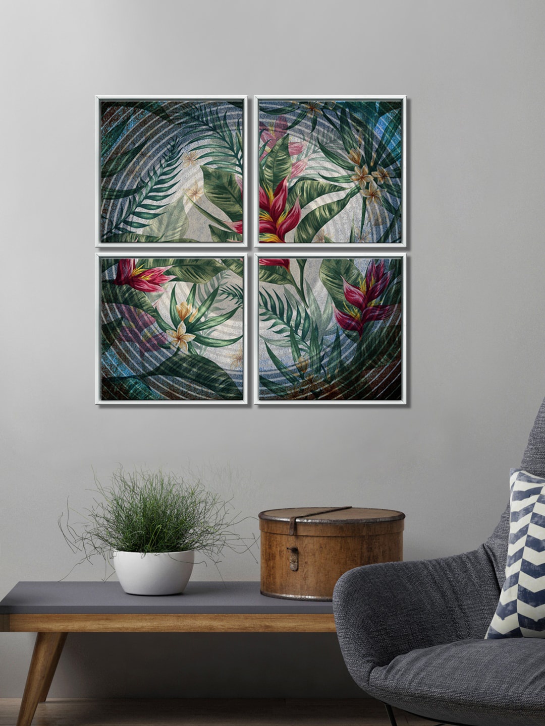 

999Store Set Of 4 Grey Colourful Leaves Flowers Painting Wall Art