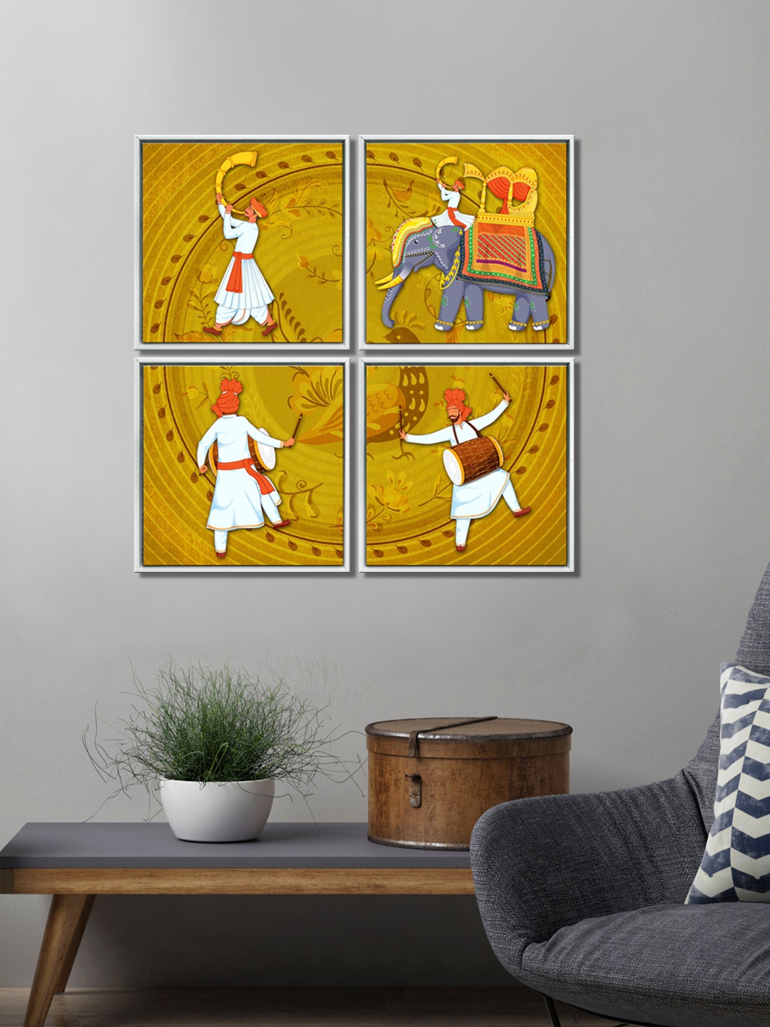 

999Store Set Of 4 Brown Sardar Playing Bangra Canvas Painting Wall Art