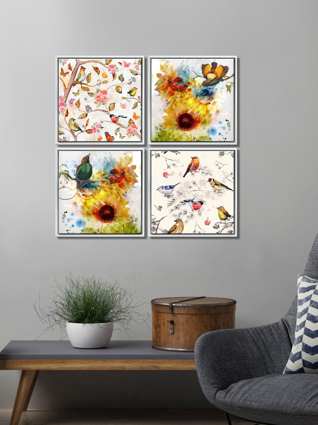 

999Store Set Of 4 White & Yellow Birds Sitting On The Tree Stem Printed Canvas Wall Painting