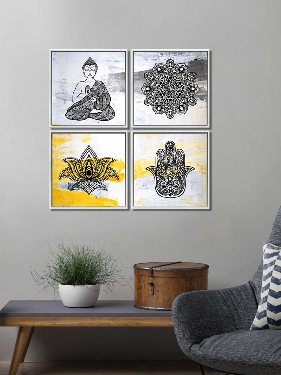 

999Store Grey Blessing Buddha With Mandela Wall Art